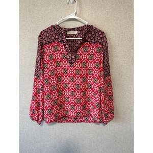 LOFT Red Pink Geometric Medallion Split Neck Blouse Long Sleeve Small
